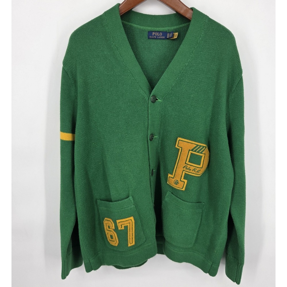 Polo Ralph Lauren Cotton Letterman Cardigan Mens Size XXL Green & Yellow Patches